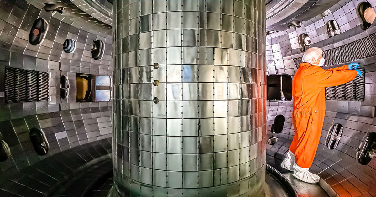 A  worker inside the vessel at the DIII-D National Fusion Facility