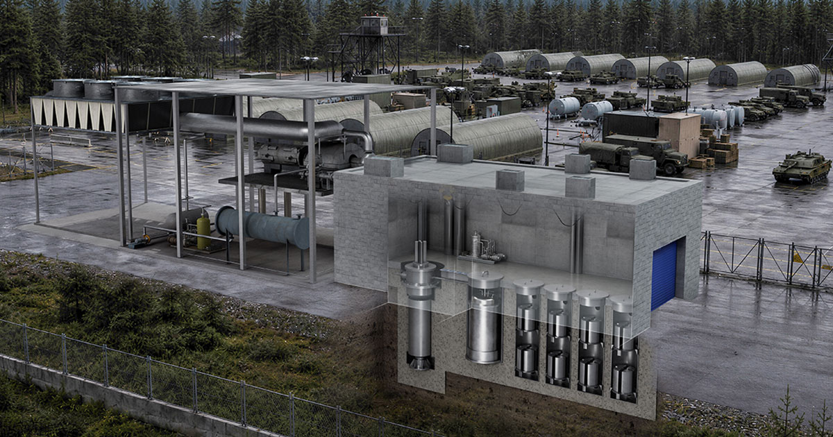An artistic rendering depicts GA-TES at a notional military installation. The modular microreactor is designed to sustain on-site power and operate independently during natural disasters, cyber incidents and other disruptions that threaten installation energy security.