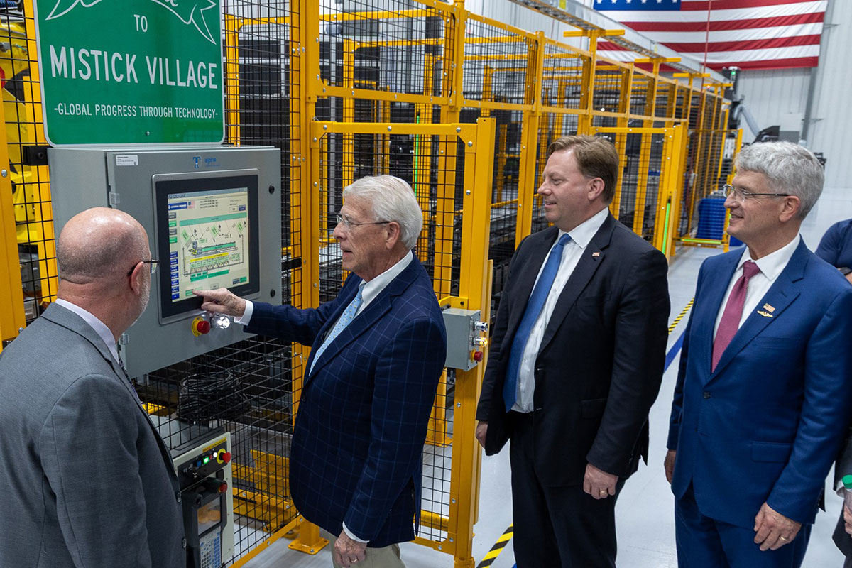 Sen. Roger Wicker (left), chairman of the Senate Armed Services Committee, joins Under Secretary of War Michael Duffey and Under Secretary for Nuclear Security Brandon Williams at GA-EMS' Mistick Village production complex in Tupelo, Miss., activating an advanced automated manufacturing system supporting U.S. artillery modernization and defense industrial-base growth.