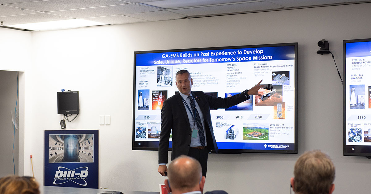 Dr. Ron Faibish, Senior Director of Business Development with GA-Electromagnetic Systems, explains GA’s initiatives in advanced nuclear energy and nuclear space propulsion to a delegation from the Economy commission of the French Senate, including its President, Senator Sophie Primas, as well as Consul General of France in Los Angeles Julie Duhaut-Bedos. Courtesy: General Atomics