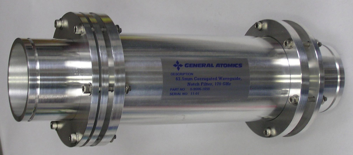 110 GHz notch filter in 63.5 mm corrugated waveguide. Plastic sheets are separated by thin sections of corrugated waveguide, which keep the sheets flat.